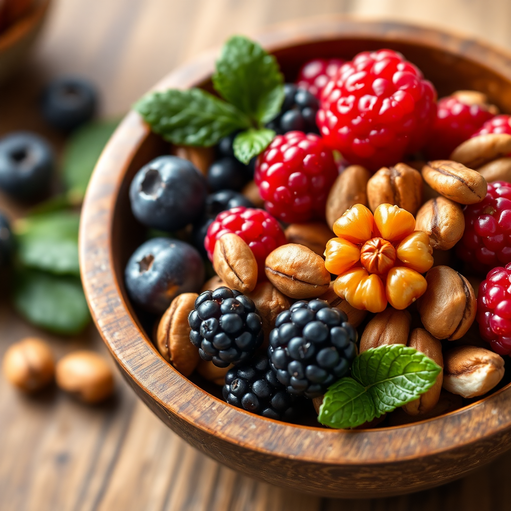 Assortment of vibrant berries and nuts in a small wooden bowl, high resolution food photography