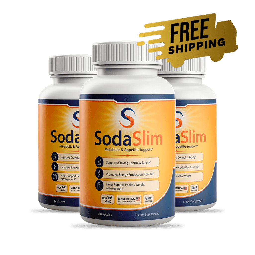 Three bottles of Soda Slim dietary supplement arranged neatly, clean white background